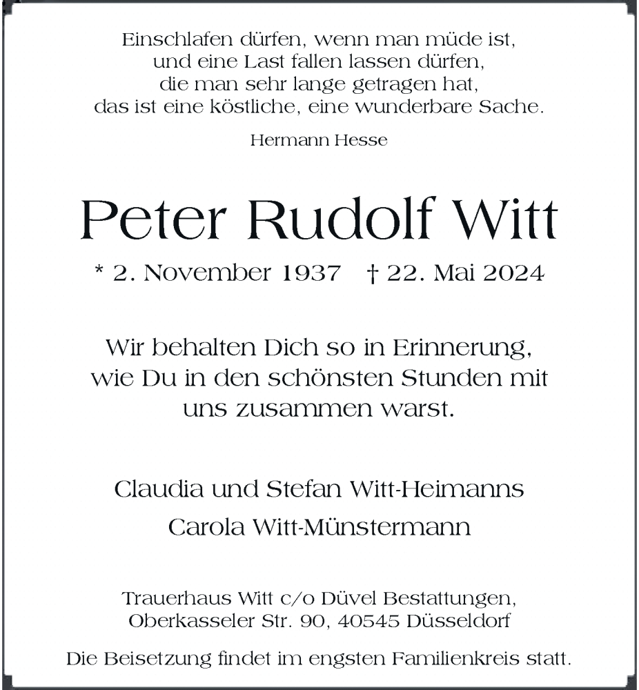 Alle Traueranzeigen F R Peter Rudolf Witt Trauer Rp Online De