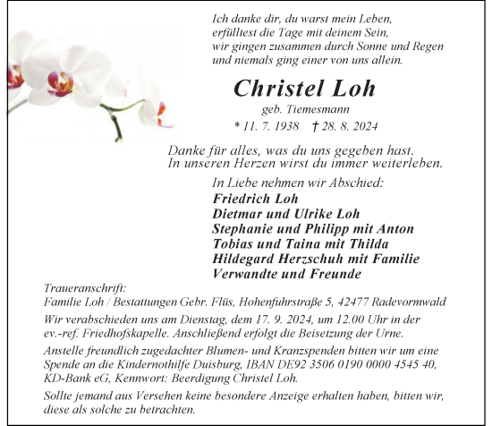 Alle Traueranzeigen für Christel Loh trauer rp online de