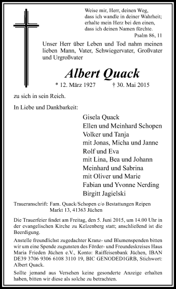 Traueranzeige von Albert Quack von Rheinische Post