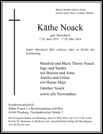Traueranzeige von Käthe Noack von Rheinische Post