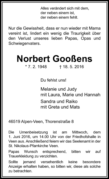 Traueranzeige von Norbert Gooßens von Rheinische Post