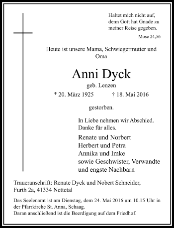 Traueranzeige von Anni Dyck von Rheinische Post