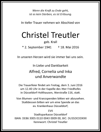 Traueranzeige von Christel Treutler von Rheinische Post