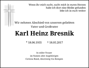 Traueranzeige von Karl Heinz Bresnik von Rheinische Post