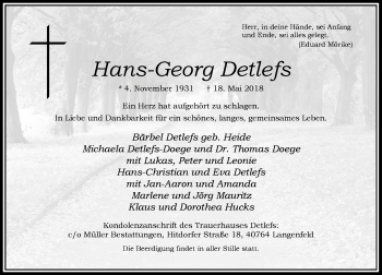 Traueranzeige von Hans-Georg Detlefs von Rheinische Post