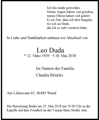 Traueranzeige von Leo Duda von Rheinische Post