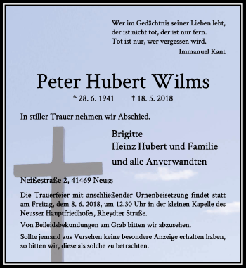 Traueranzeige von Peter Hubert Wilms von Rheinische Post