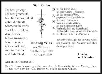 Traueranzeige von Hedwig Wink von Rheinische Post