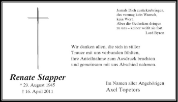 Traueranzeige von Renate Stapper von Rheinische Post