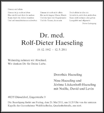Traueranzeige von Dr. med. Rolf-Dieter Haeseling von Rheinische Post
