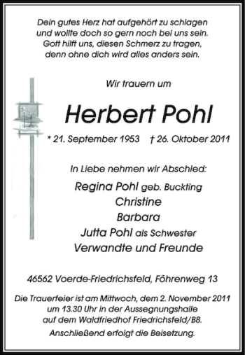 Traueranzeige von Herbert Pohl von Rheinische Post