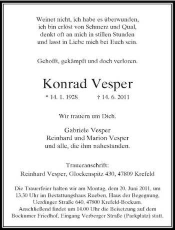 Traueranzeige von Konrad Vesper von Rheinische Post