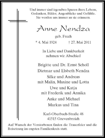 Traueranzeige von Anne Nendza von Rheinische Post