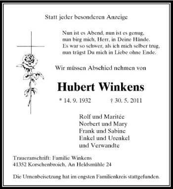 Traueranzeige von Hubert Winkens von Rheinische Post