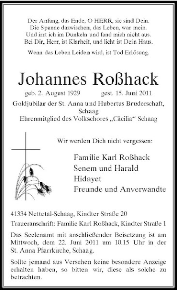 Traueranzeige von Johannes Roßhack von Rheinische Post