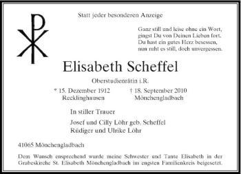 Traueranzeige von Elisabeth Scheffel von Rheinische Post
