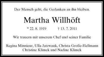 Traueranzeige von Martha Willhöft von Rheinische Post