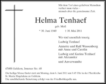 Traueranzeige von Helma Tenhaef von Rheinische Post