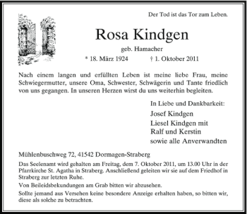 Traueranzeige von Rosa Kindgen von Rheinische Post