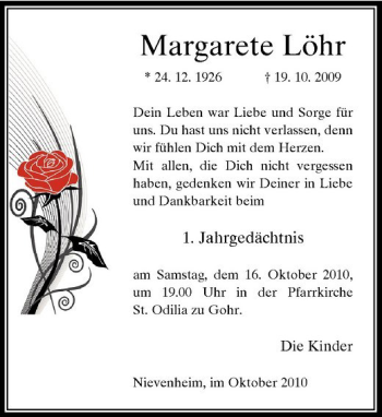 Traueranzeige von Margarete Löhr von Rheinische Post