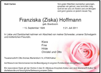 Traueranzeige von Franziska Hoffmann von Rheinische Post