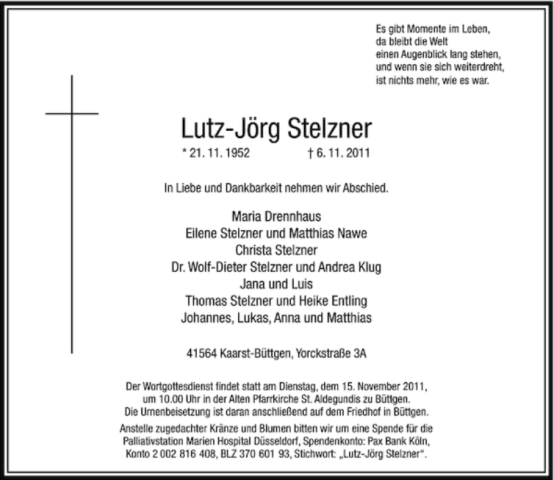  Traueranzeige für Lutz-Jörg Stelzner vom 12.11.2011 aus Rheinische Post
