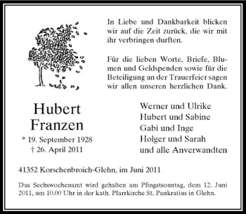 Traueranzeige von Hubert Franzen von Rheinische Post