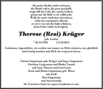 Traueranzeige von Therese Resi Krüger von Rheinische Post