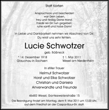 Traueranzeige von Lucie Schwotzer von Rheinische Post