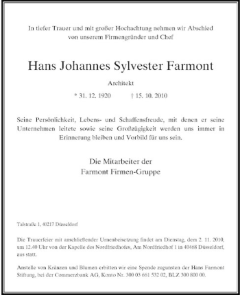 Traueranzeige von Hans Johannes Sylvester Farmont von Rheinische Post