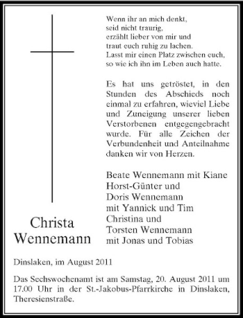 Traueranzeige von Christa Wennemann von Rheinische Post