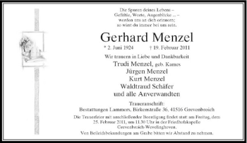 Traueranzeige von Gerhard Menzel von Rheinische Post