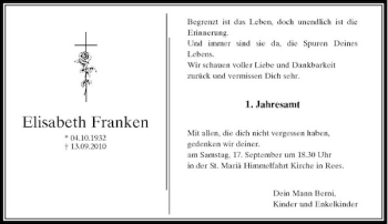 Traueranzeige von Elisabeth Franken von Rheinische Post