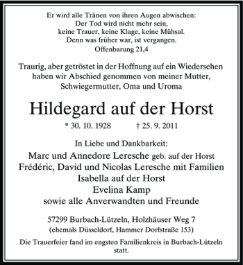 Traueranzeige von der Horst Hildegard auf von Rheinische Post