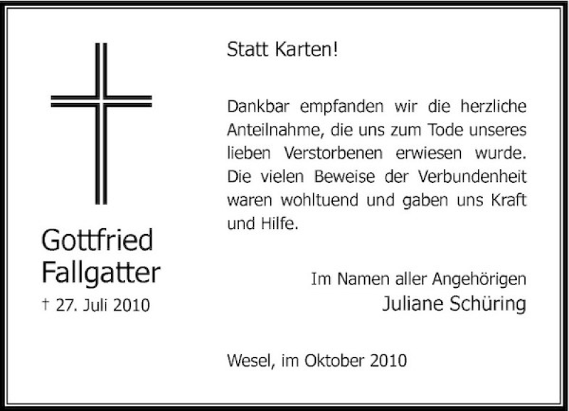  Traueranzeige für Gottfried Fallgatter vom 13.10.2010 aus Rheinische Post
