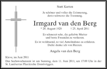 Traueranzeige von Irmgard van den Berg von Rheinische Post