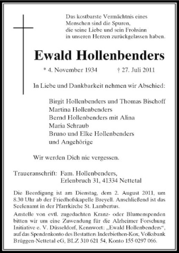 Traueranzeige von Ewald Hollenbenders von Rheinische Post