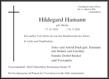 Traueranzeige von Hildegard Hamann von Rheinische Post