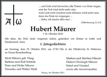 Traueranzeige von Hubert Mäurer von Rheinische Post