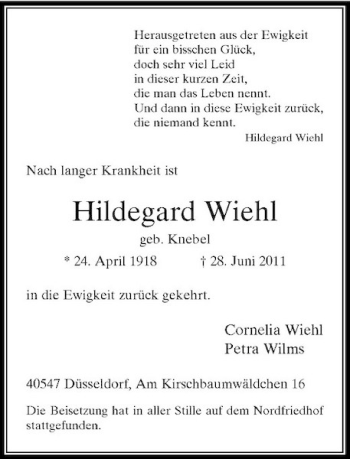 Traueranzeige von Hildegard Wiehl von Rheinische Post