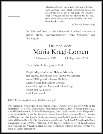 Traueranzeige von Maria Kragl-Lomen von Rheinische Post