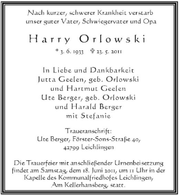 Traueranzeige von Harry Orlowski von Rheinische Post