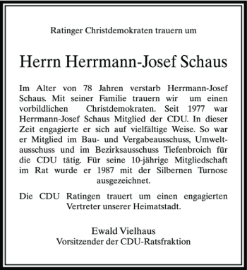 Traueranzeige von Schaus Herrmann-Josef von Rheinische Post