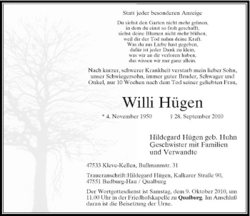Traueranzeige von Willi Hügen von Rheinische Post