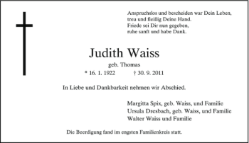 Traueranzeige von Judith Waiss von Rheinische Post