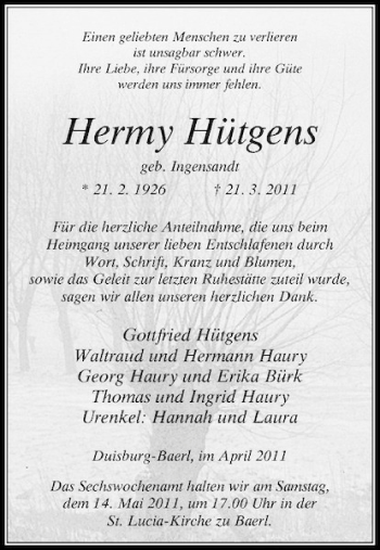 Traueranzeige von Hermy Hütgens von Rheinische Post