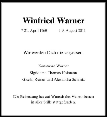 Traueranzeige von Winfried Warner von Rheinische Post