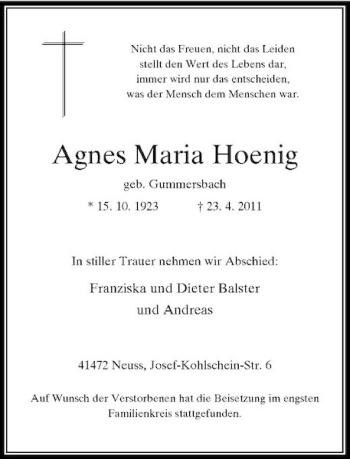 Traueranzeige von Agnes Maria Hoenig von Rheinische Post