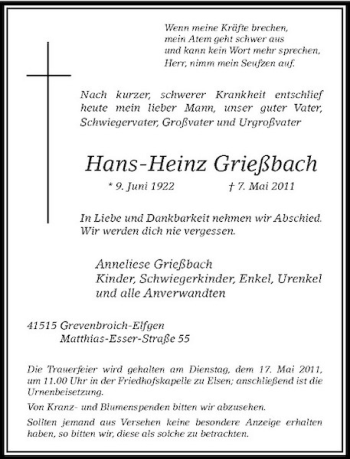 Traueranzeige von Hans-Heinz Grießbach von Rheinische Post