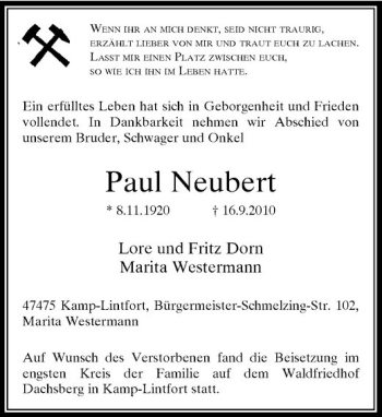 Traueranzeige von Paul Neubert von Rheinische Post